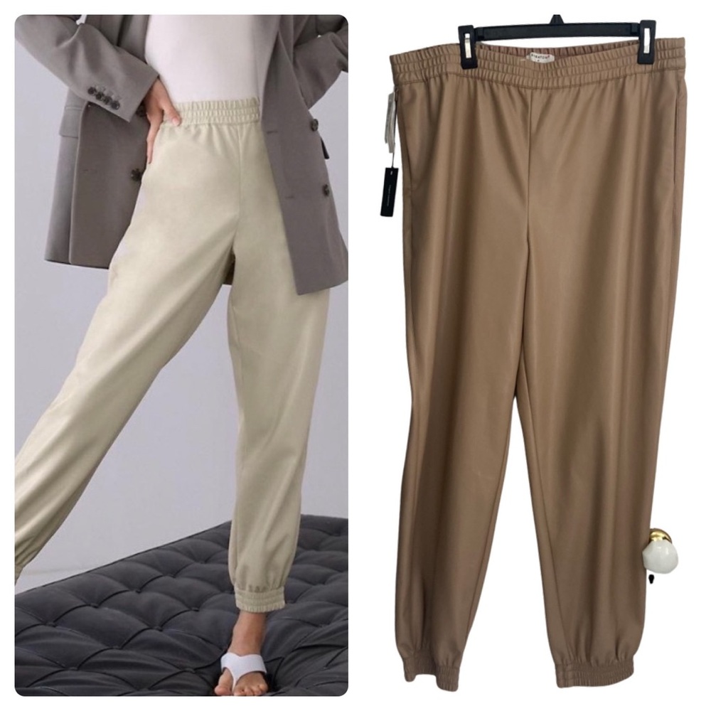 NEW Aritzia Babaton Zedel Faux Leather Joggers in Sand Bluff Bluff Sable Sz 1X